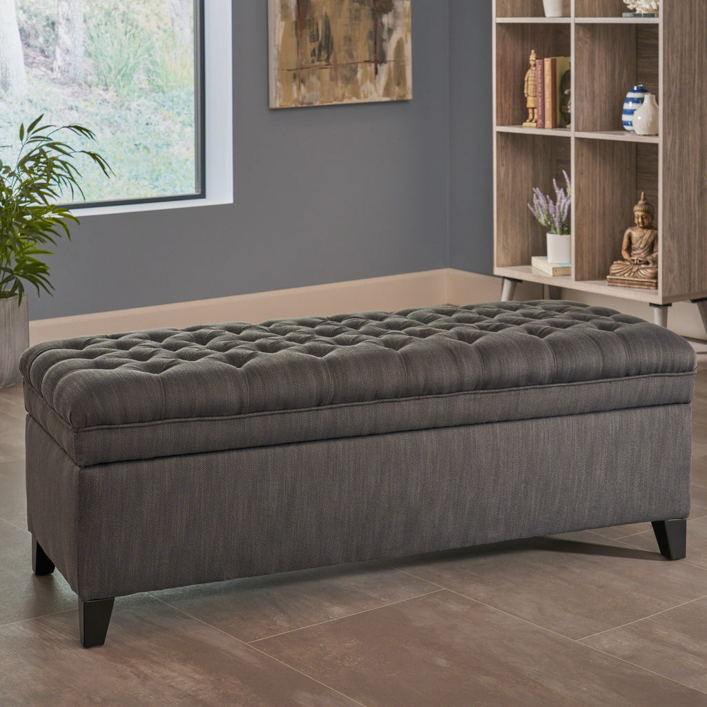 JULIANA Stylish Storage Ottoman with Extra Seating in Gray Fabric, 50x20.5x18.3 inches - Grand Goldman Shop
