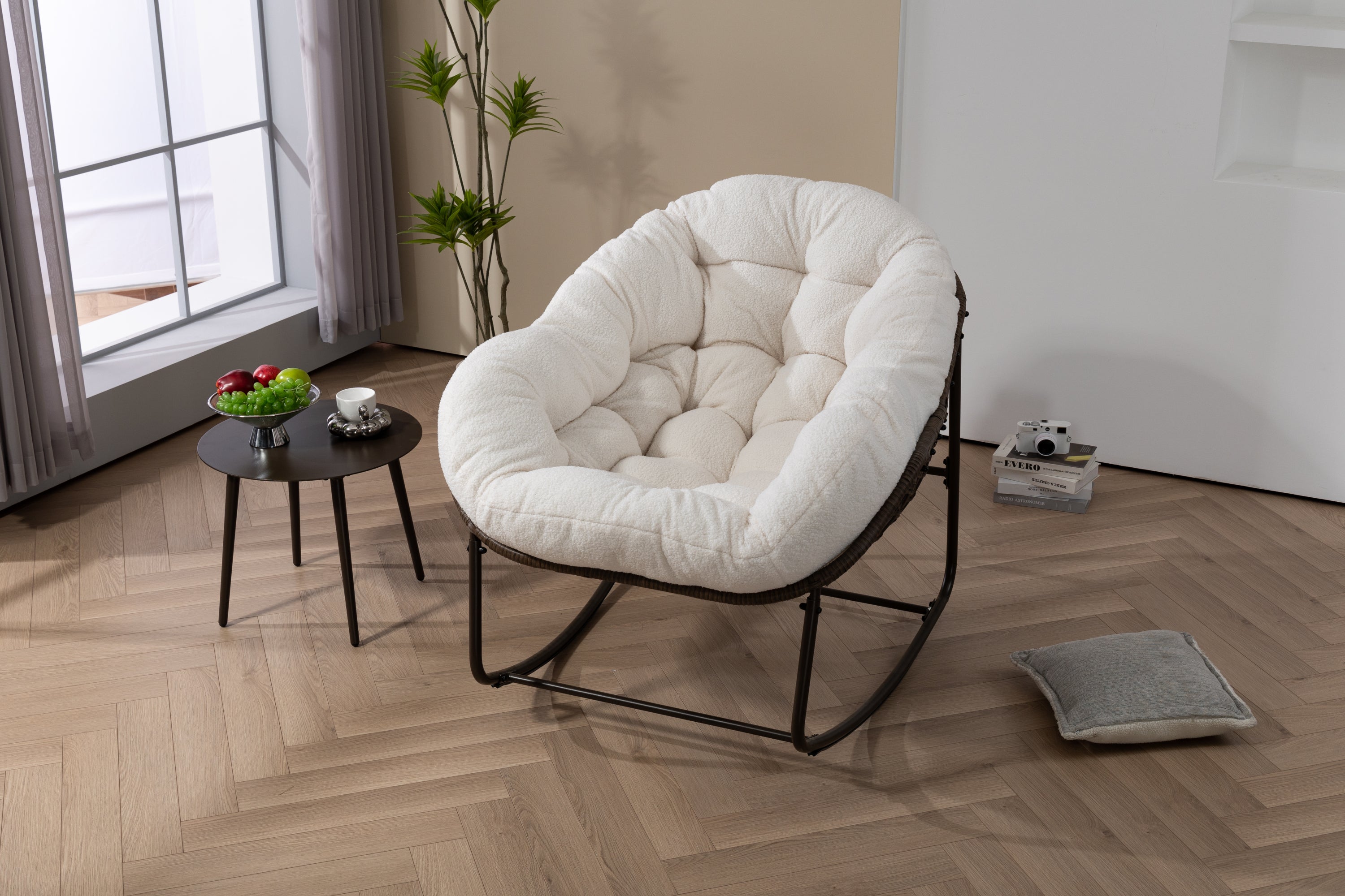 Outdoor Rattan Rocking Chair,Padded Cushion Rocker Recliner Chair Outdoor for Front Porch, Living Room, Patio, Garden, White - Grand Goldman Shop