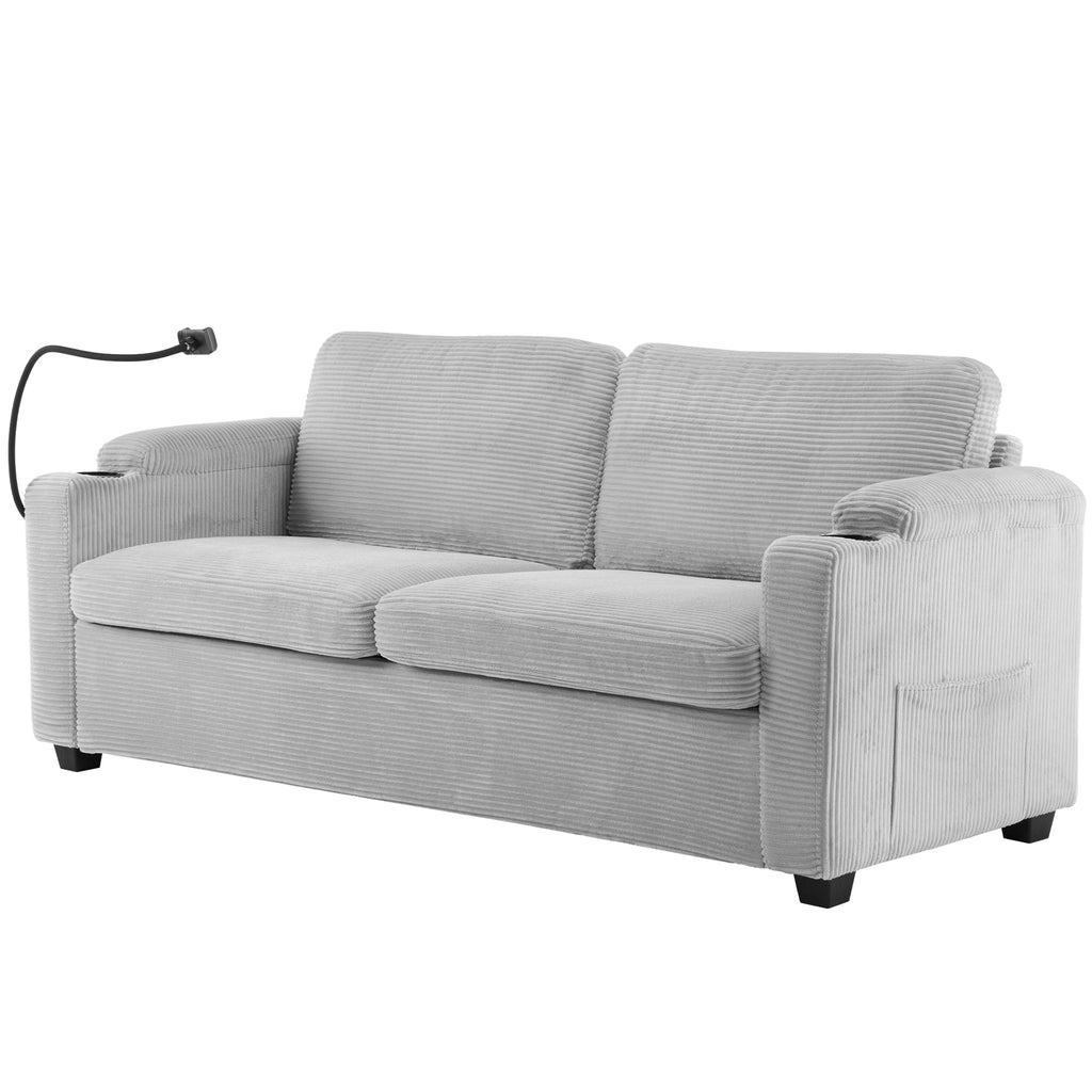 Corduroy Sleeper Sofa Loveseat with Full Size Mattress, USB Ports, Cup Holders, Side Pockets, and Phone Holder, Grey - Grand Goldman Shop