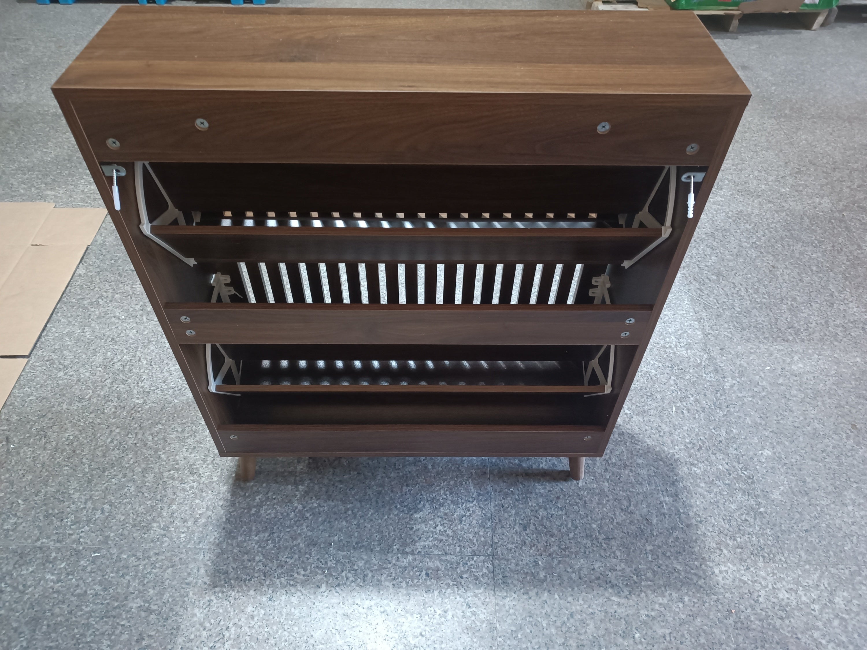 Medieval Modern Walnut Shoe Storage Cabinet With 2 Flip Drawers And Fence Design, 31.5-Inch, Particle Board + MDF - Grand Goldman Shop