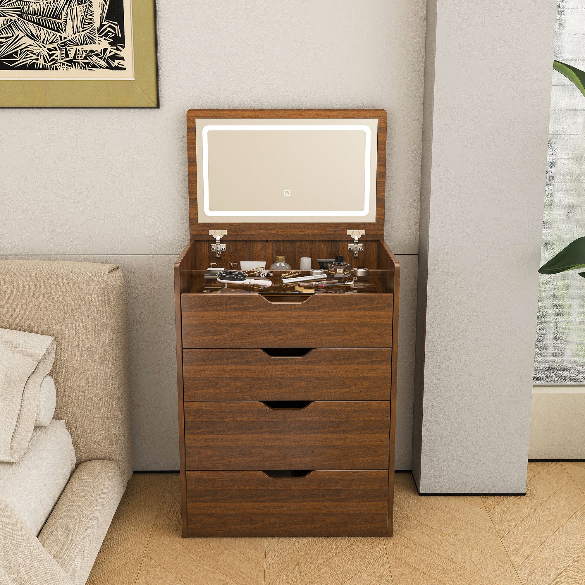 3-in-1 Vanity Desk with Flip Top Lighted Mirror & Storage Stool, Compact Makeup Dressing Table in Walnut Finish, 23.62L - Grand Goldman Shop