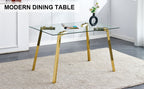 Modern minimalist style rectangular glass dining table with tempered glass tabletop and golden metal legs, suitable for kitchen, dining room, and living room, 51 ' * 31.5 ' * 29.5 '   1123 - Grand Goldman Shop
