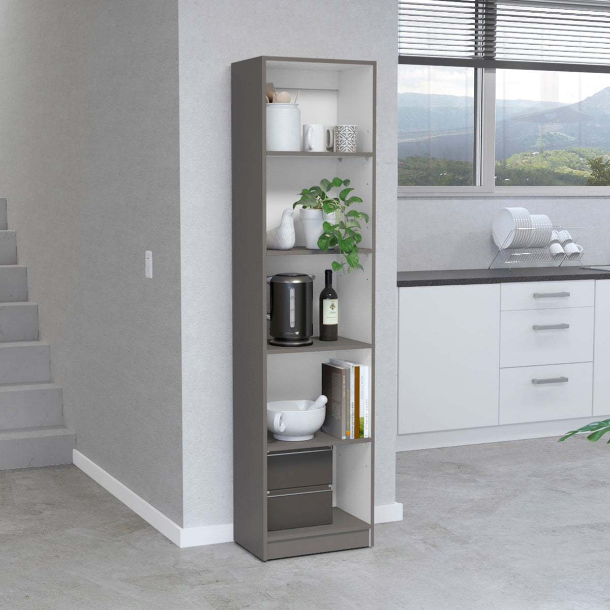 Bookcase Compact Bookshelf with Multiple Shelves, Matt Gray / White - Grand Goldman
