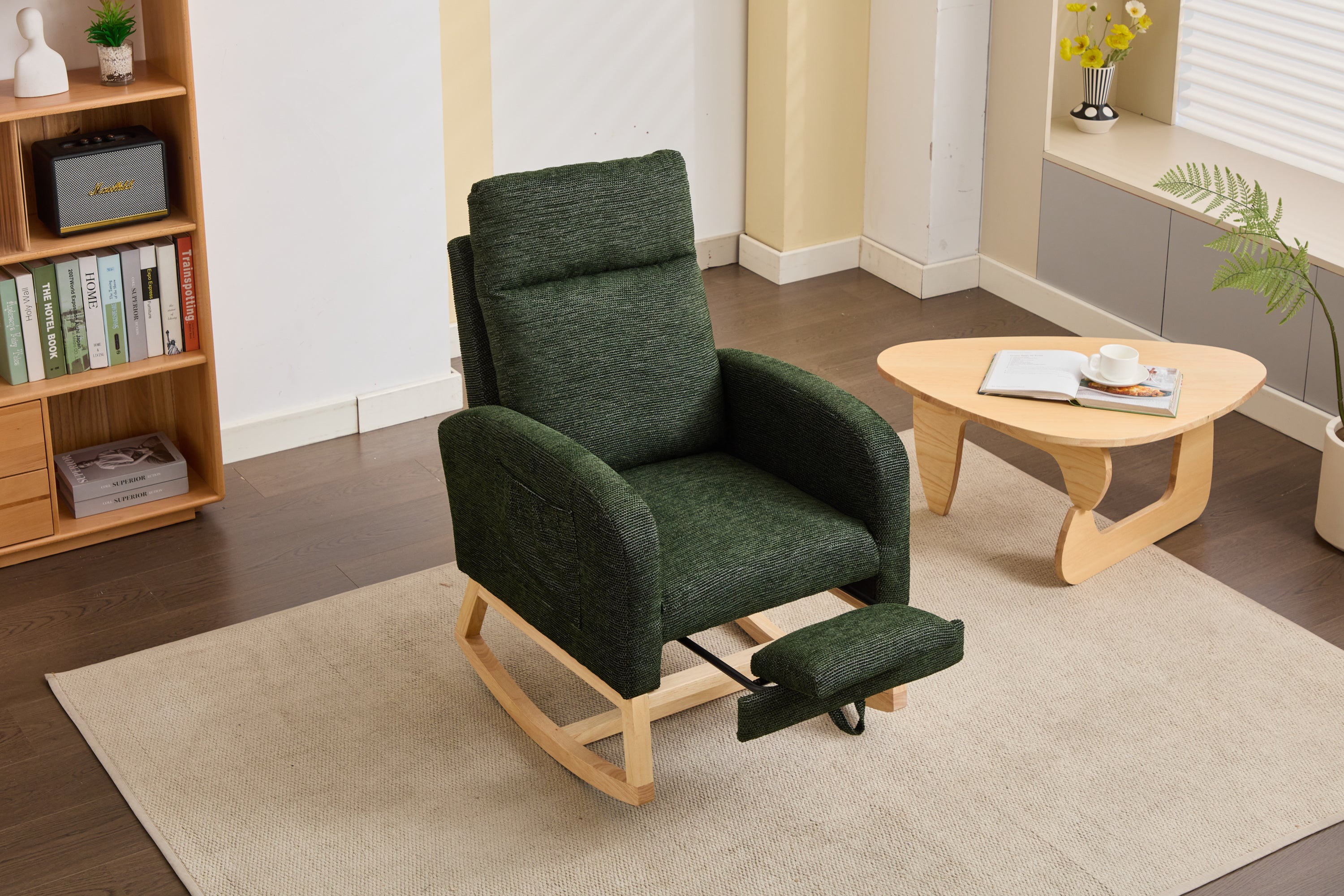 Modern Accent Rocking Chair Rocking Chair with Solid Wood Legs, Upholstered Nursery Glider Rocker, Comfy Armchair with Side Pocket, Living Room Lounge Arm Chair with High Backrest fabric - Grand Goldman Shop