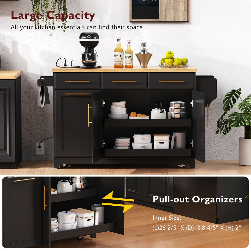 K&K 59.3' Kitchen Island with Storage 2 Pull Out Cabinet Organizers & Rubber Wood Drop Leaf, Rolling Kitchen Island with Trash Can Storage, Power Outlet, Spice & Towel Rack for Kitchen, Dining, Black - Grand Goldman Shop