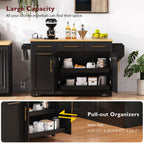 K&K 59.3' Kitchen Island with Storage 2 Pull Out Cabinet Organizers & Rubber Wood Drop Leaf, Rolling Kitchen Island with Trash Can Storage, Power Outlet, Spice & Towel Rack for Kitchen, Dining, Black - Grand Goldman Shop
