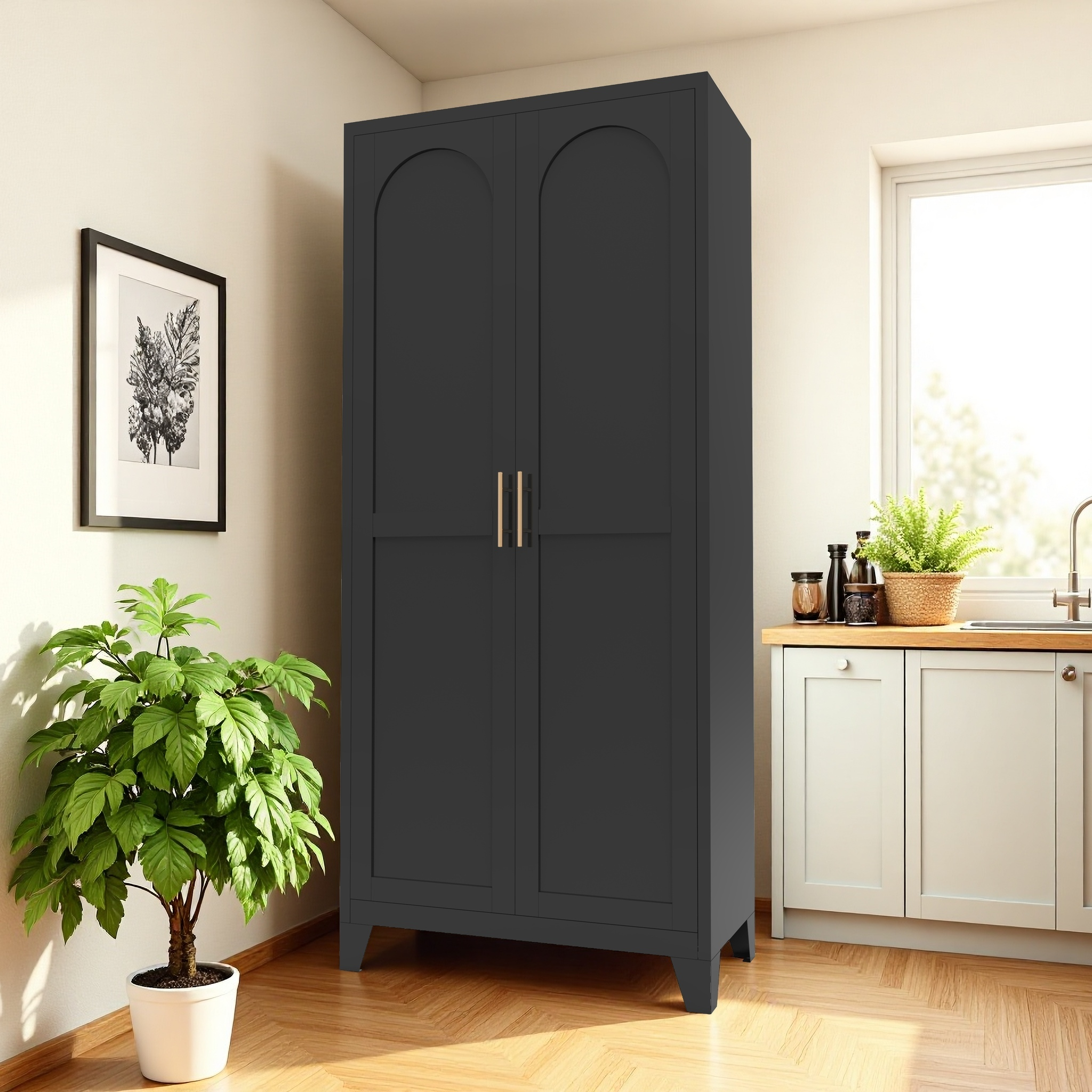 71'' 2 Shapely Doors Cabinet, Metal Storage Cabinet with Doors and Adjustable Shelves, for Bedroom, Living Room, Kitchen (Black) - Grand Goldman Shop