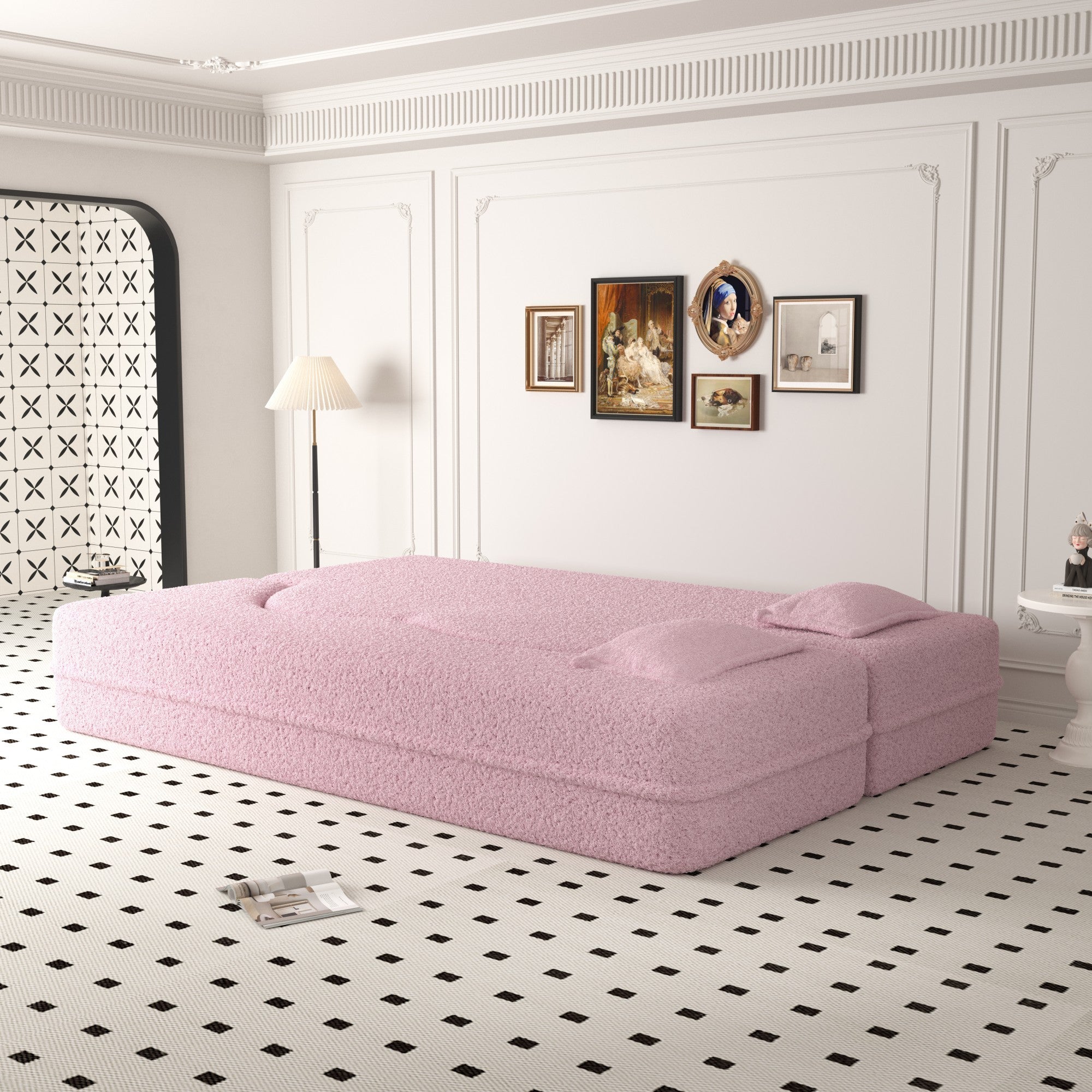 Modern Floor Sofa with 2 Pillows,Convertible Teddy Fabric Foam Filled Sleeper Sofa Bed,15 ' Full Size Folding Mattress for Living Room,Guest Bed,Playroom,No Assembly Required,Pink - Grand Goldman Shop