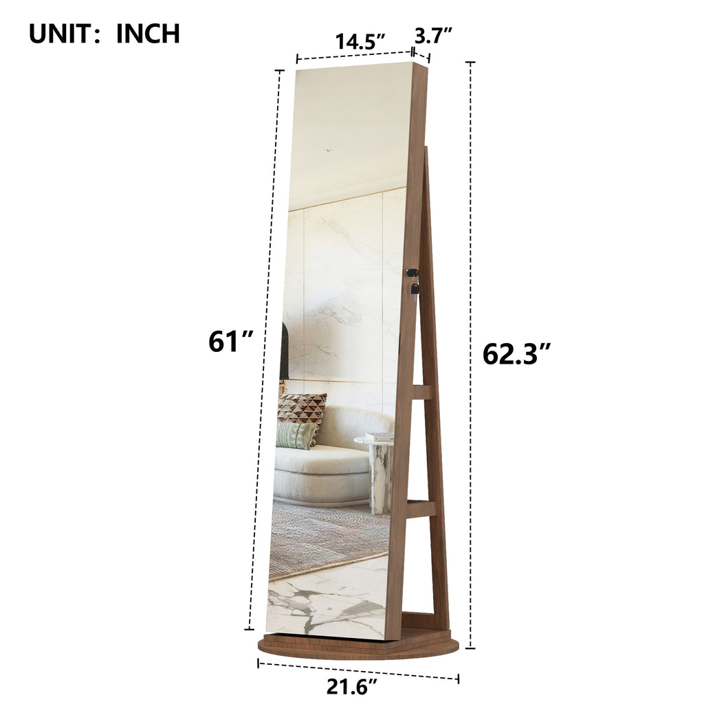 360°Swivel Jewelry Cabinet with Full Length Mirror, 360°Rotating Standing Jewelry Armoire Organizer , Lockable Storage Cabinet, Interior Lighted Mirror, Light Walnut - Grand Goldman Shop