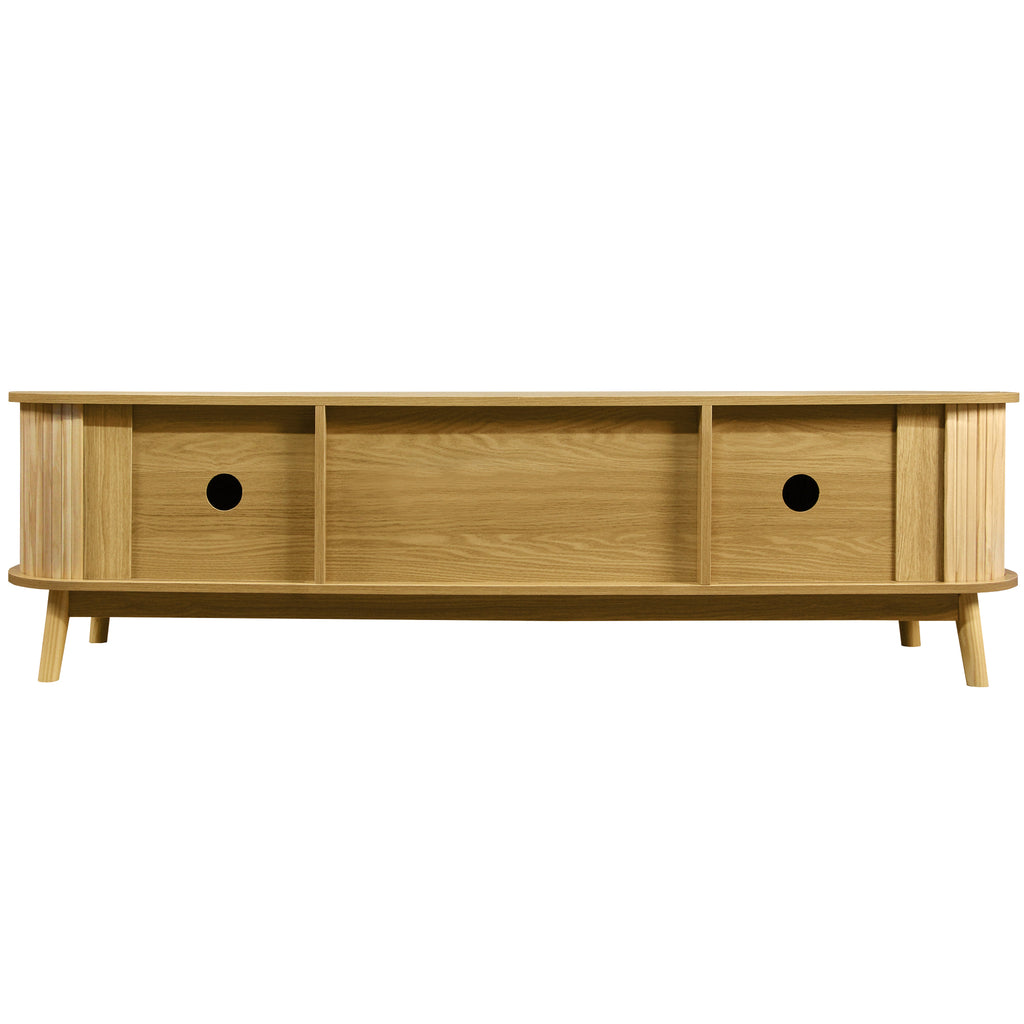 Modern Farmhouse Rattan TV Stand for TVs up to 75'', Solid Wood Legs, Natural Wood Finish Media Console with Storage Drawers and Sliding Doors - Grand Goldman Shop