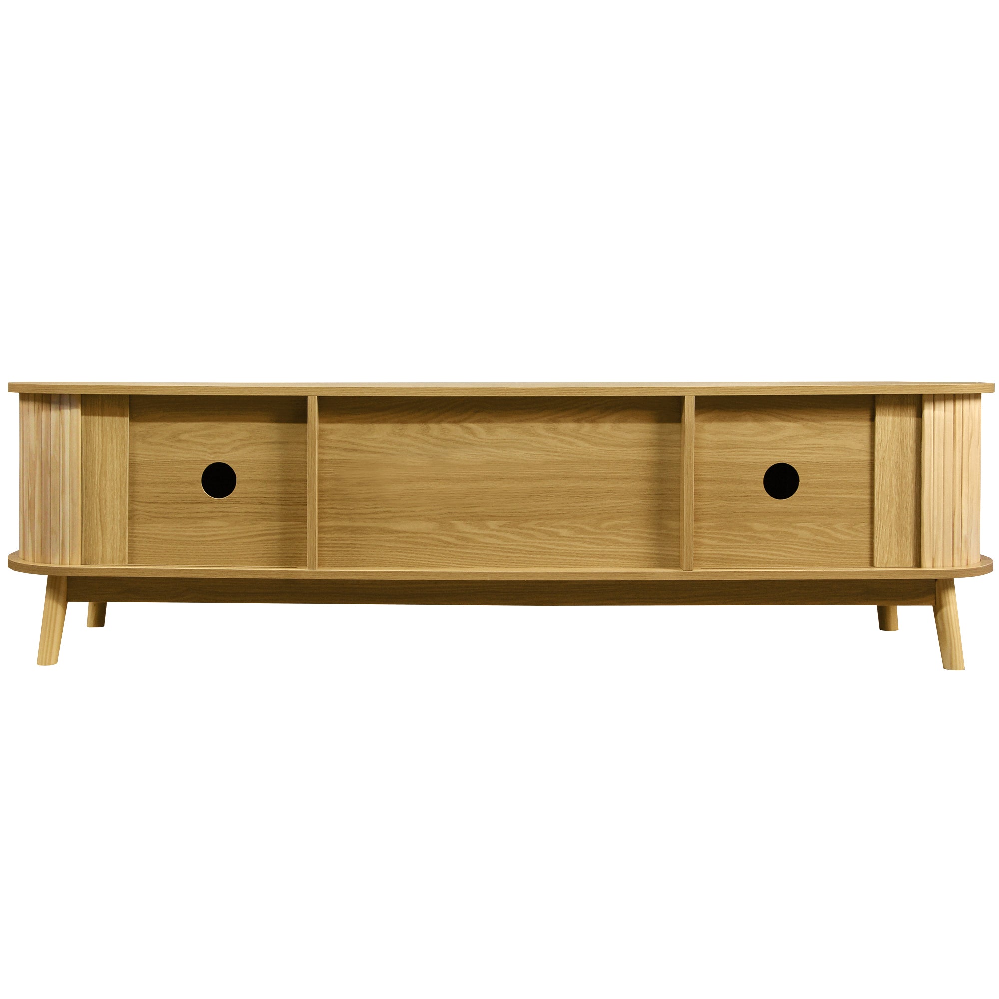Modern Farmhouse Rattan TV Stand for TVs up to 75'', Solid Wood Legs, Natural Wood Finish Media Console with Storage Drawers and Sliding Doors - Grand Goldman Shop
