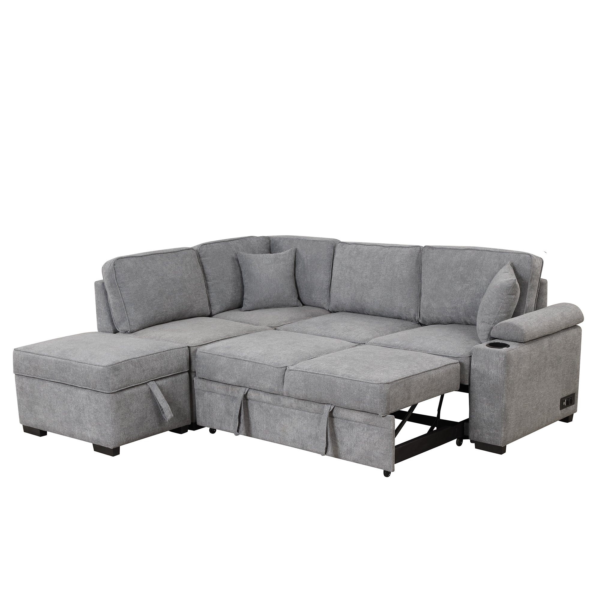Modern Sleeper Sofa Bed with Storage Ottoman, Gray Linen, 84.75' L Shape Couch for Living Room or Apartment - Grand Goldman Shop