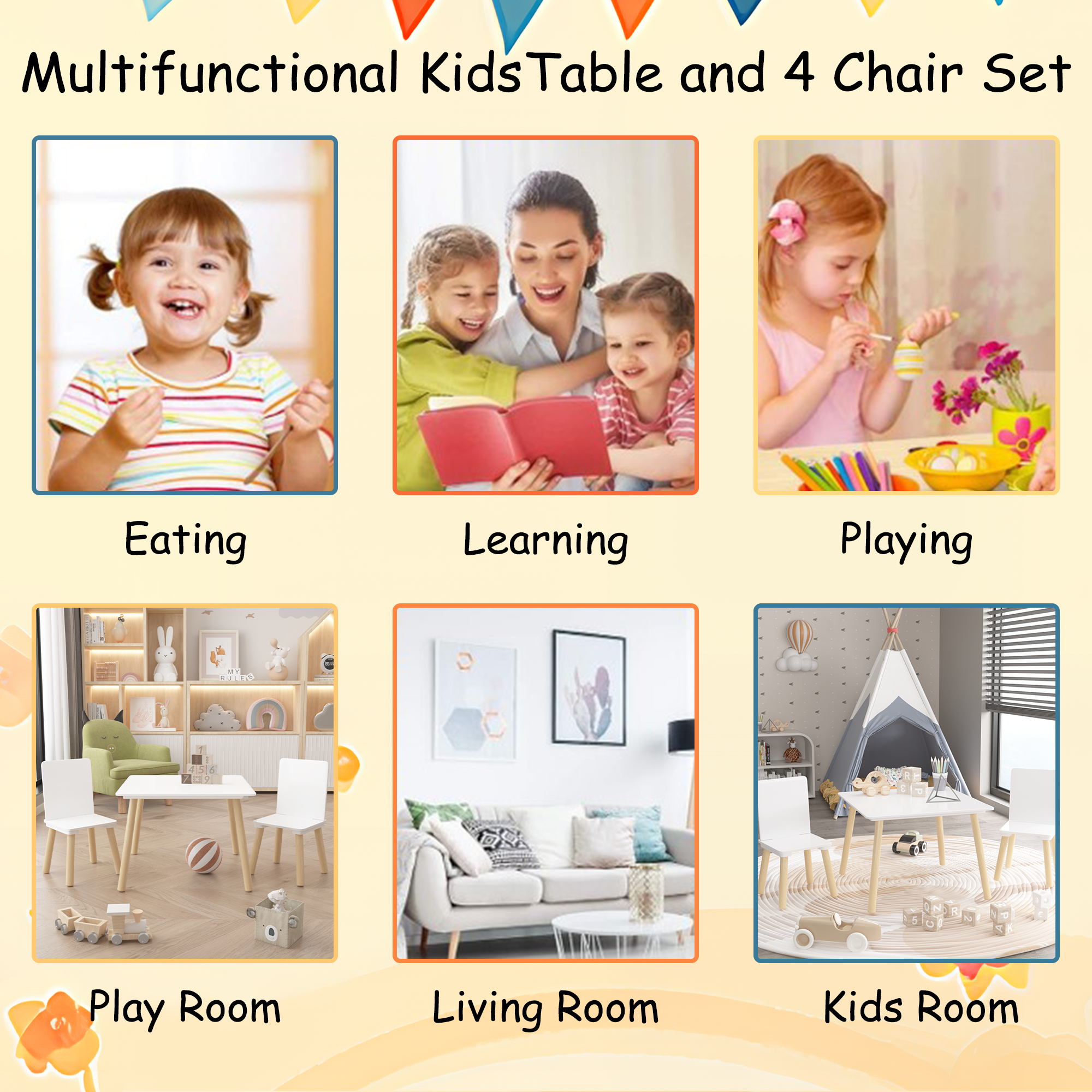 White Wooden Kids Table and 2 Chairs Set, 3-Piece Toddler Activity Play Table with Solid Wood & MDF Construction, Compact Siz