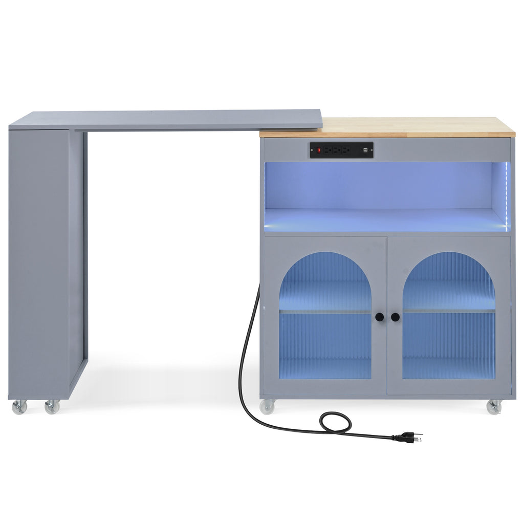 K&K Rolling Kitchen Island With Extended Table, Kitchen Island on Wheels with LED Lights,Power Outlets and 2 Fluted Glass Doors, Kitchen Island with a Storage Compartment and Side 3 Open Shelves, Grey - Grand Goldman Shop