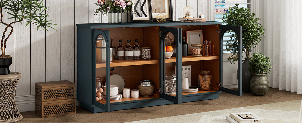 TREXM 4-Door Large Storage Buffet Cabinet with Glass Doors, Arched Cabinet with Adjustable Shelves for Kitchen, Dining Room and Living Room (Navy) - Grand Goldman Shop