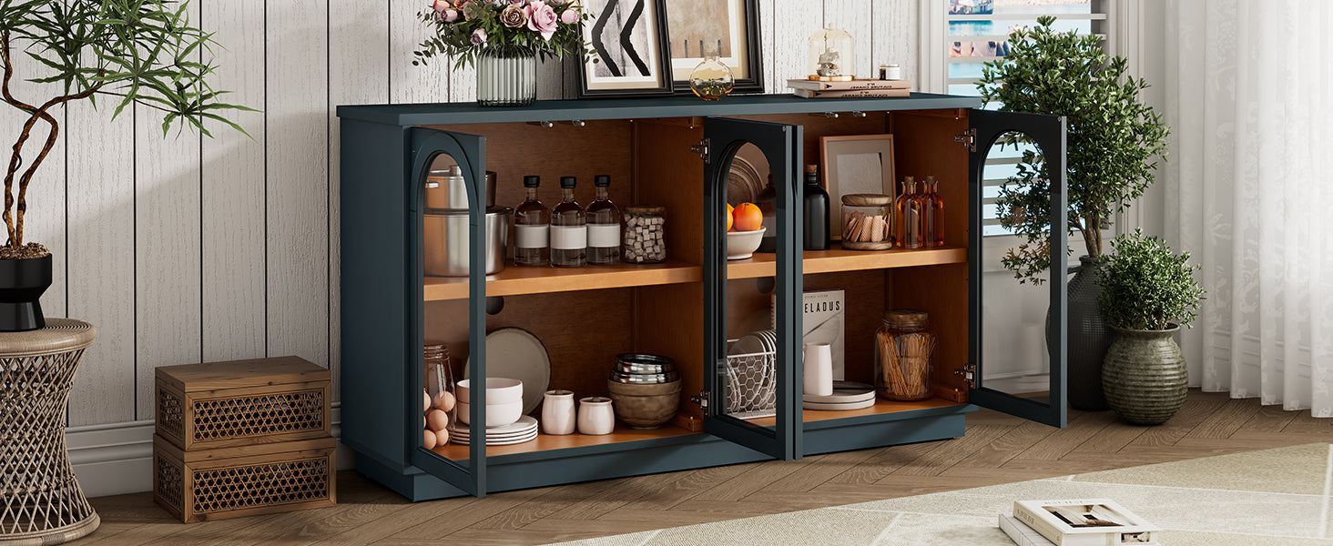 TREXM 4-Door Large Storage Buffet Cabinet with Glass Doors, Arched Cabinet with Adjustable Shelves for Kitchen, Dining Room and Living Room (Navy) - Grand Goldman Shop