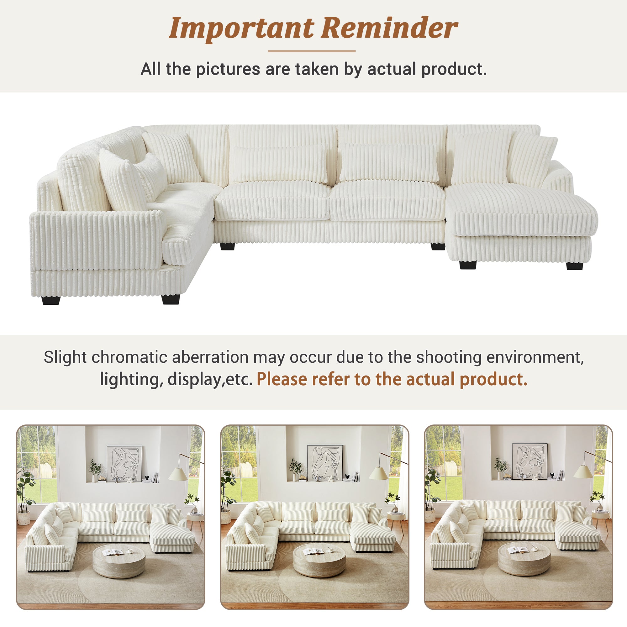 Modern Oversized U-shaped Sectional Sofa with Chaise Lounge in Beige Corduroy, 129' - Grand Goldman Shop