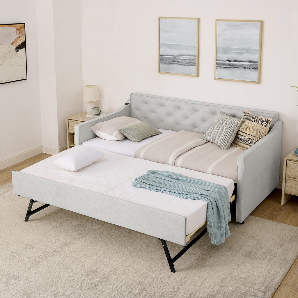 Beige Linen Upholstered Twin Daybed with Pop-up Trundle and USB Charging Armrest - Grand Goldman Shop