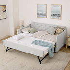 Beige Linen Upholstered Twin Daybed with Pop-up Trundle and USB Charging Armrest - Grand Goldman Shop