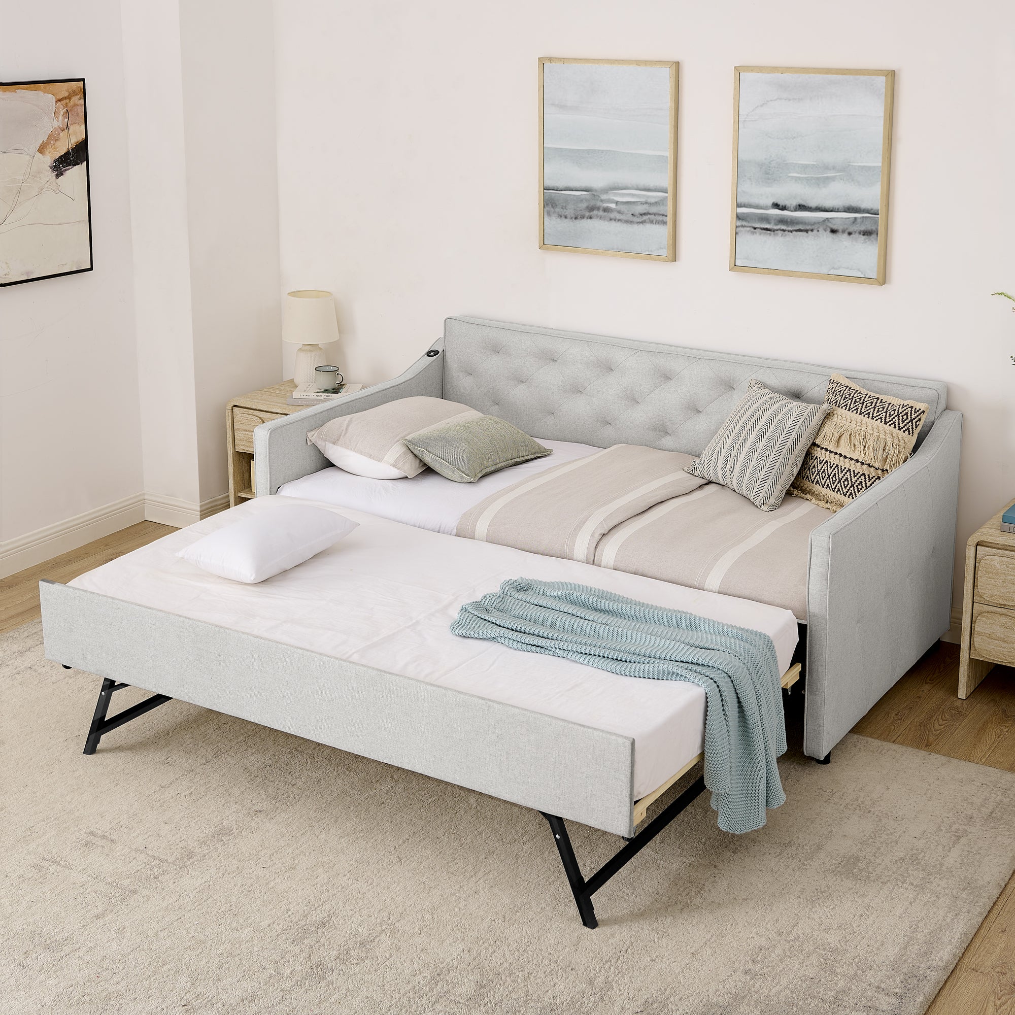Beige Linen Upholstered Twin Daybed with Pop-up Trundle and USB Charging Armrest - Grand Goldman Shop