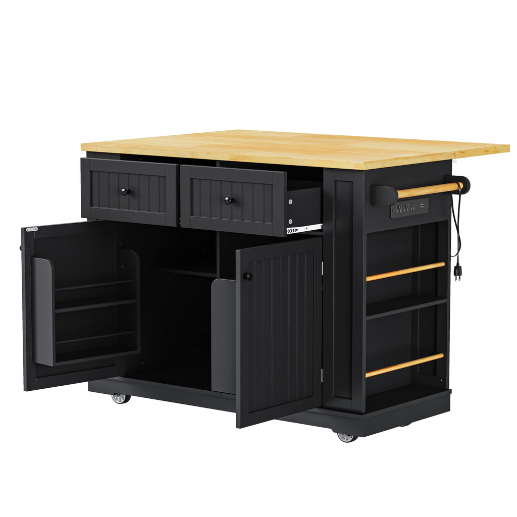48 inch Kitchen Island with Drop Leaf,Power Outlet,Internal Storage Rack,Rolling Kitchen Storage Cart on 5 Wheels with 5 Open Side Racks,for Kitchen,Black (Old SKU N707P257057B)(Not Include Stools) - Grand Goldman Shop