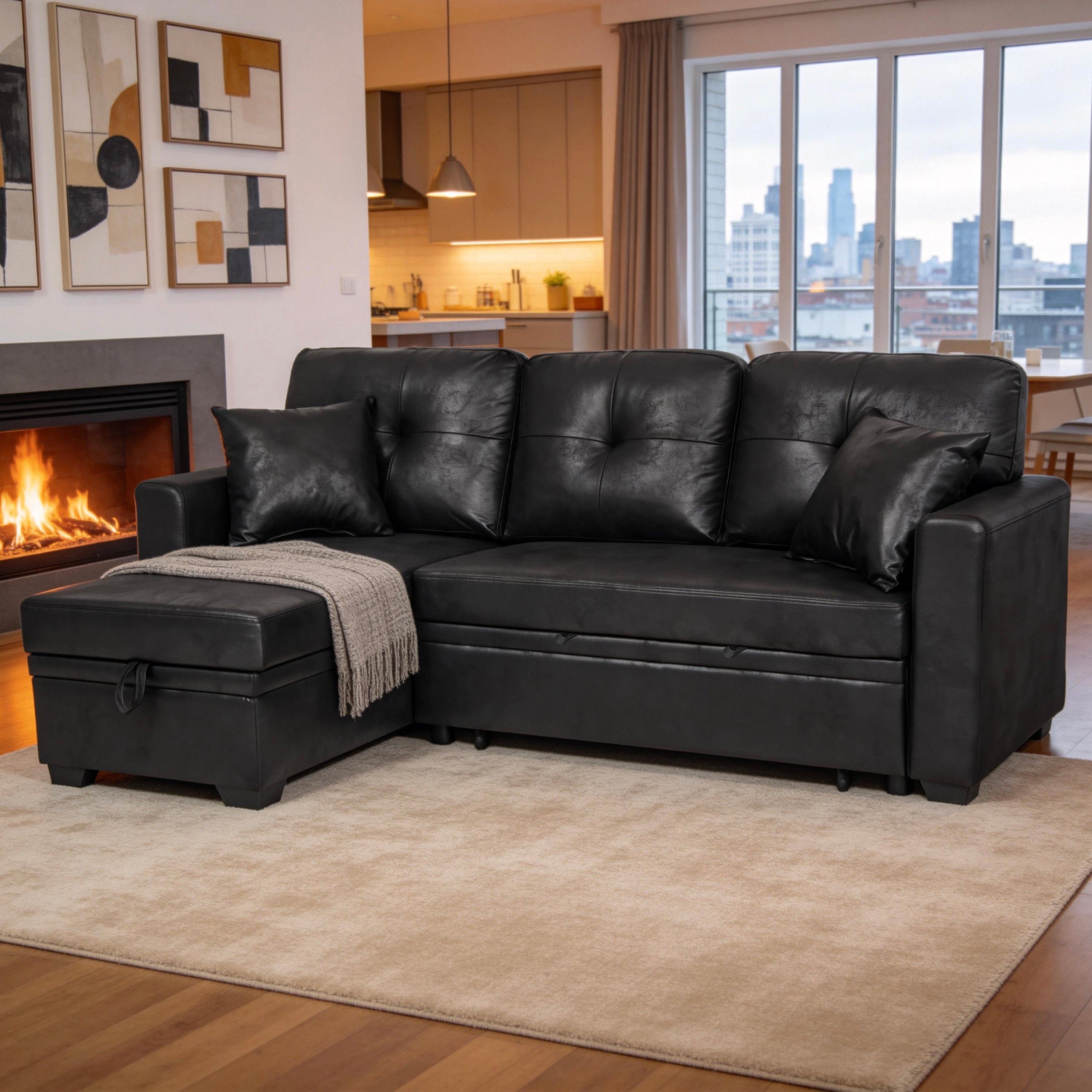 Sleeper Sofa, Sectional with Pull-Out Bed, Reversible Chaise, Storage Sectional, Foil Fabric, Small Space Solution, Convertible Sofa Bed - Grand Goldman Shop