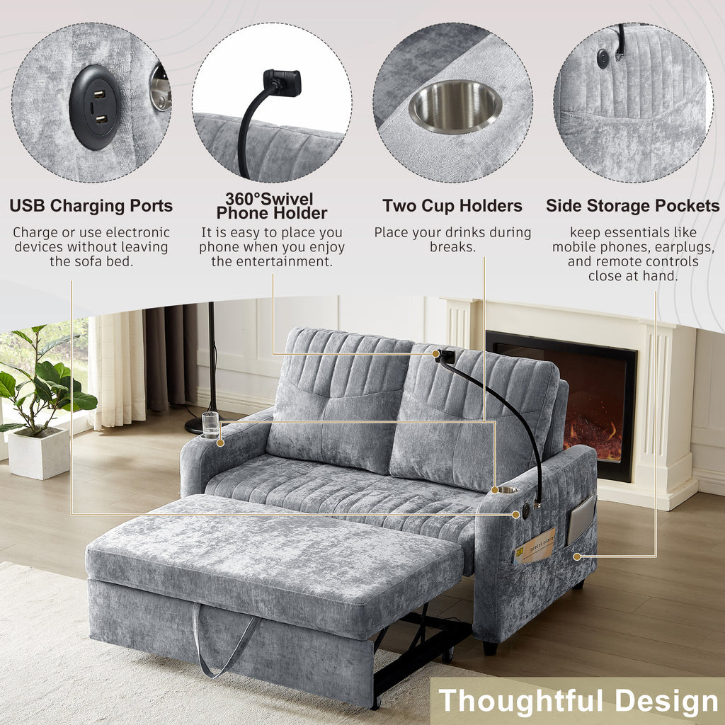Modern Loveseat Pull-out Sofa Bed with Adjustable Backrest, Cup Holders, Phone Holder, Charging Ports, Side Storage Pockets, Grey Chenille - Grand Goldman Shop