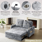 Modern Loveseat Pull-out Sofa Bed with Adjustable Backrest, Cup Holders, Phone Holder, Charging Ports, Side Storage Pockets, Grey Chenille - Grand Goldman Shop
