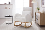 015B-Teddy Fabric Leisure Rocking Chair,Nursery Rocking Chair With Adjustable Footstool,Thickened Headrest And High Backrest, Storage Pocket On The Right Side,The Base Rocker Is Solid Wood,White - Grand Goldman Shop