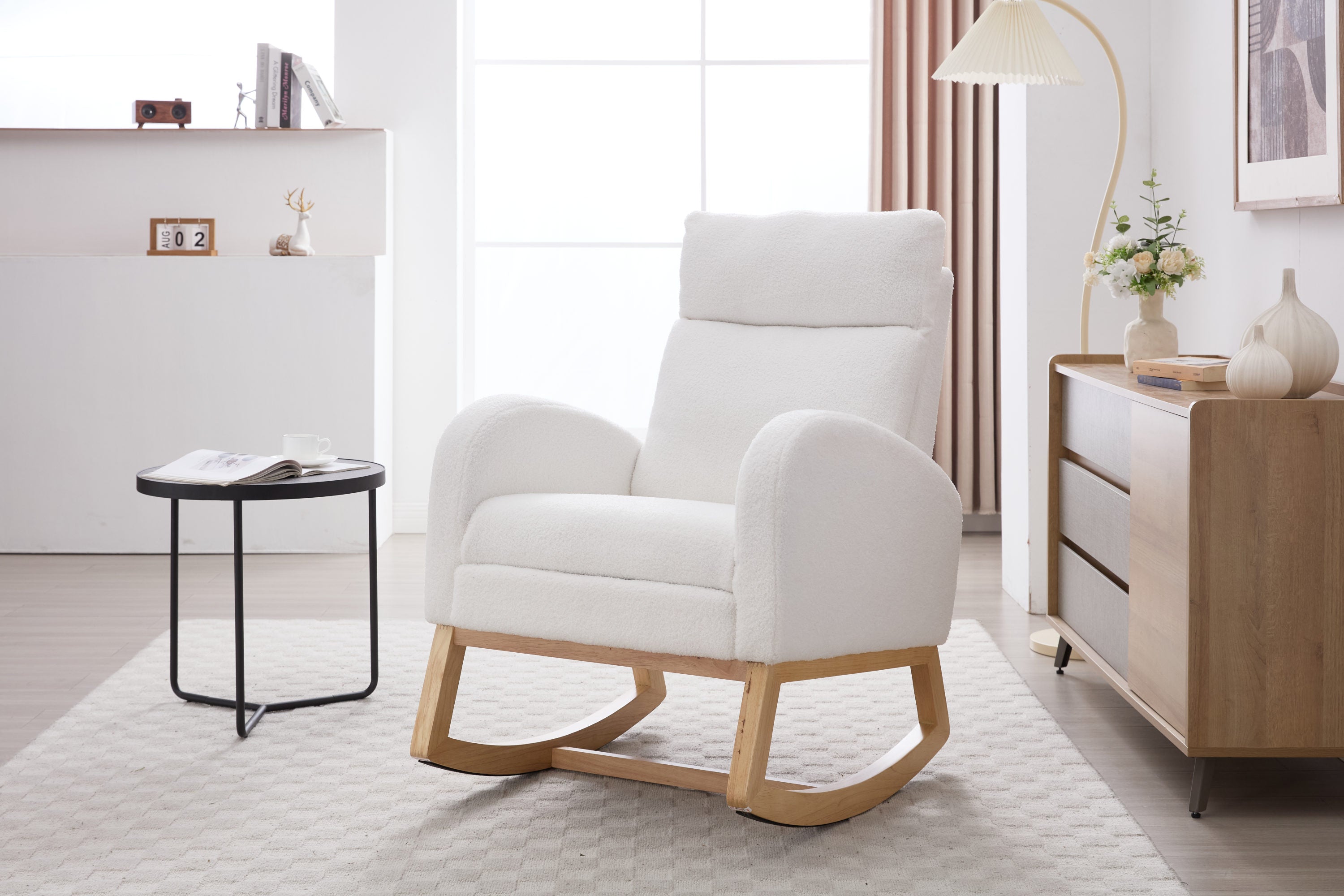015B-Teddy Fabric Leisure Rocking Chair,Nursery Rocking Chair With Adjustable Footstool,Thickened Headrest And High Backrest, Storage Pocket On The Right Side,The Base Rocker Is Solid Wood,White - Grand Goldman Shop