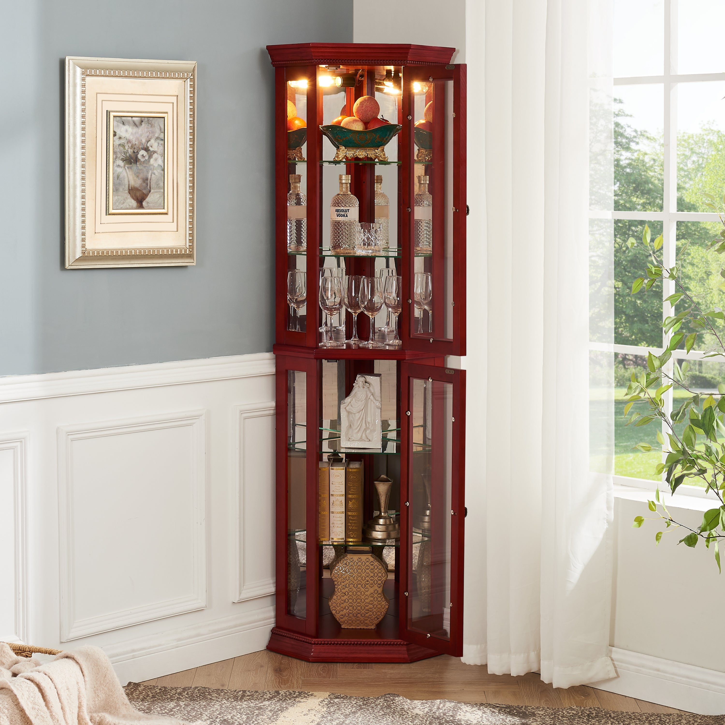 Corner Curio Cabinet Lighted Corner Display, Glass Display Shelf Shelving Bar cabinet with Tempered Glass Door, Bar Cabinet,Cabinet with Adjustable Shelf Glass Cabinet Shelves Bead Bulb Included - Grand Goldman Shop