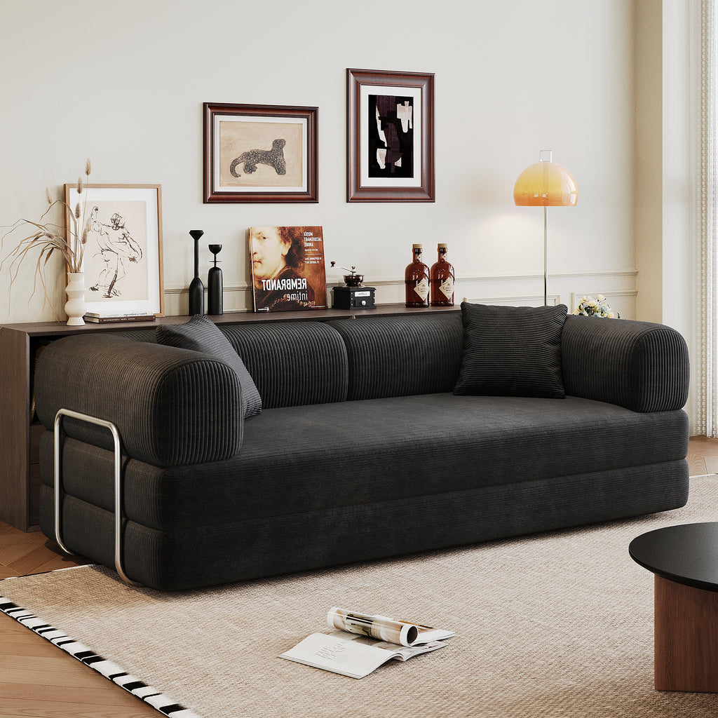 78.8' Compression Sofa,Convertible Floor Sofa Bed-with Pillow Back Support Armrest,Comfy Futon Couch Sleeper Bed,Loveseats Boneless Modular Sectional Sofa,Corduroy fabric,for Living Room,Bedroom,Black - Grand Goldman Shop