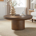 35.98inch Round Coffee Table with Cylindrical Leg,Wood Veneer Tabletop Table,Rounded Sofa Side Table for living Room Office,Brown - Grand Goldman Shop