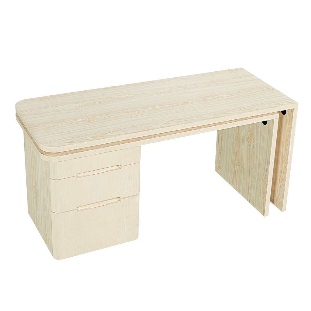 90' Modern L Shaped Desk in Natural Wood with 3 Drawers,360° Wood Rotating Desk,Executive Office Desk,Corner Desk,Office Stud