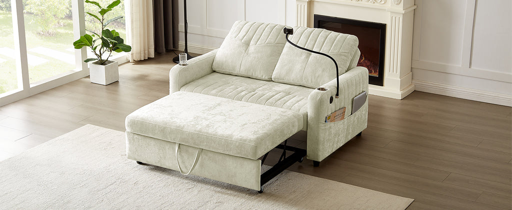 Modern 53.9' Loveseat Pull-out Sofa Bed with Adjustable Backrest, Cup Holders, Charging Ports & Side Storage in Beige Chenille - Grand Goldman Shop