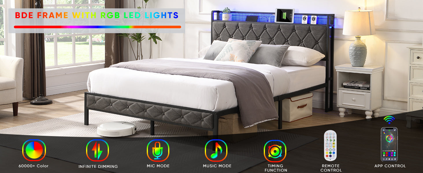 Full Bed Frame with  Storage Headboard, Charging Station and LED Lights, Upholstered Platform Bed with Heavy Metal Slats, No Box Spring Needed, Noise Free, Easy Assembly, Dark Gray - Grand Goldman Shop