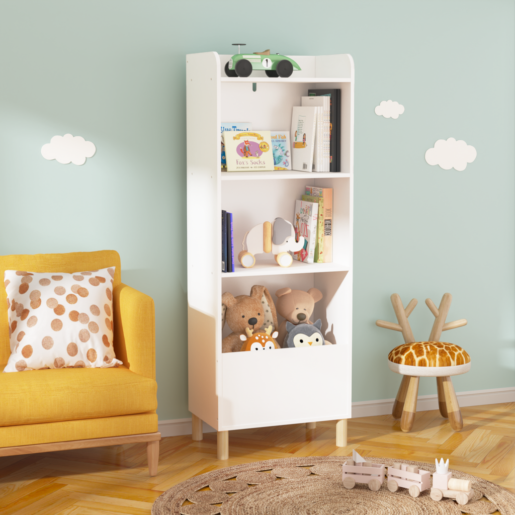 Kids 4-Tier Bookcase, Children's Book Display with Safety Restraint, White MDF & Pine Wood Storage Cabinet for Nursery, Playr