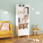 Kids 4-Tier Bookcase, Children's Book Display with Safety Restraint, White MDF & Pine Wood Storage Cabinet for Nursery, Playr