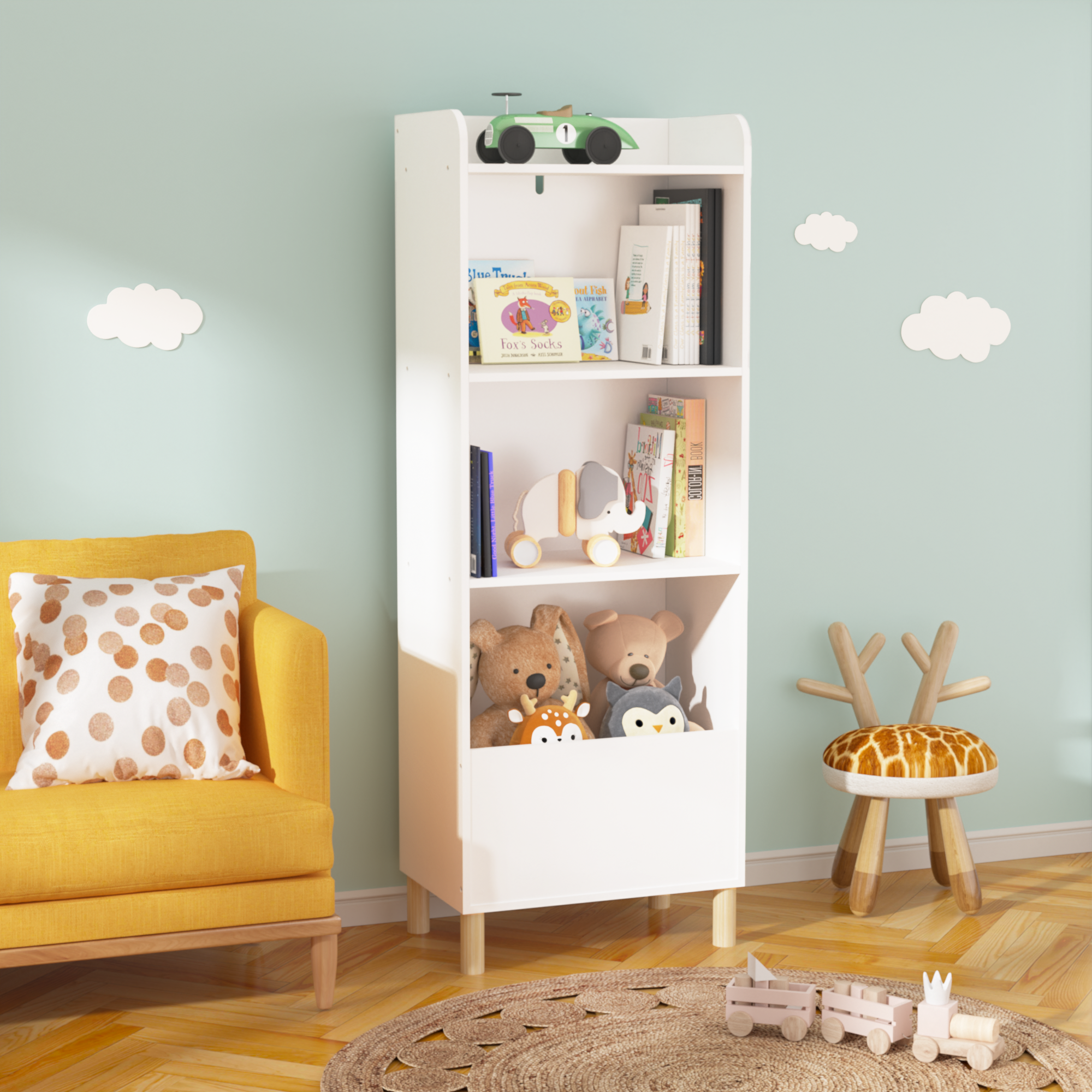 Kids 4-Tier Bookcase, Children's Book Display with Safety Restraint, White MDF & Pine Wood Storage Cabinet for Nursery, Playr