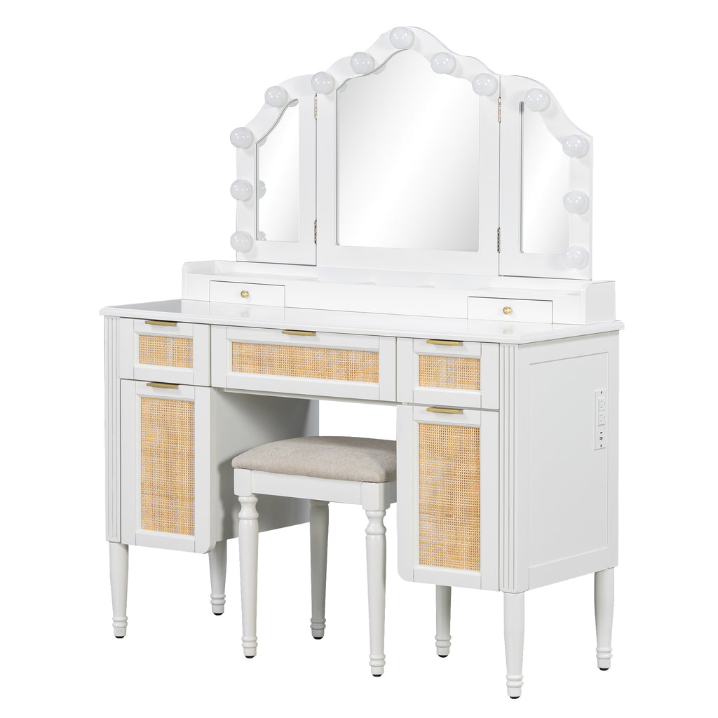 44.37 ' Makeup Vanity Desk with 13 Hollywood Bulbs and 3 Lighting Modes, Dressing Table with Tri-Fold Mirror   Large Vanity Table with 5 Drawers and Shelves and  Charging Station for Bedroom, White - Grand Goldman Shop