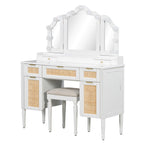 44.37 ' Makeup Vanity Desk with 13 Hollywood Bulbs and 3 Lighting Modes, Dressing Table with Tri-Fold Mirror   Large Vanity Table with 5 Drawers and Shelves and  Charging Station for Bedroom, White - Grand Goldman Shop