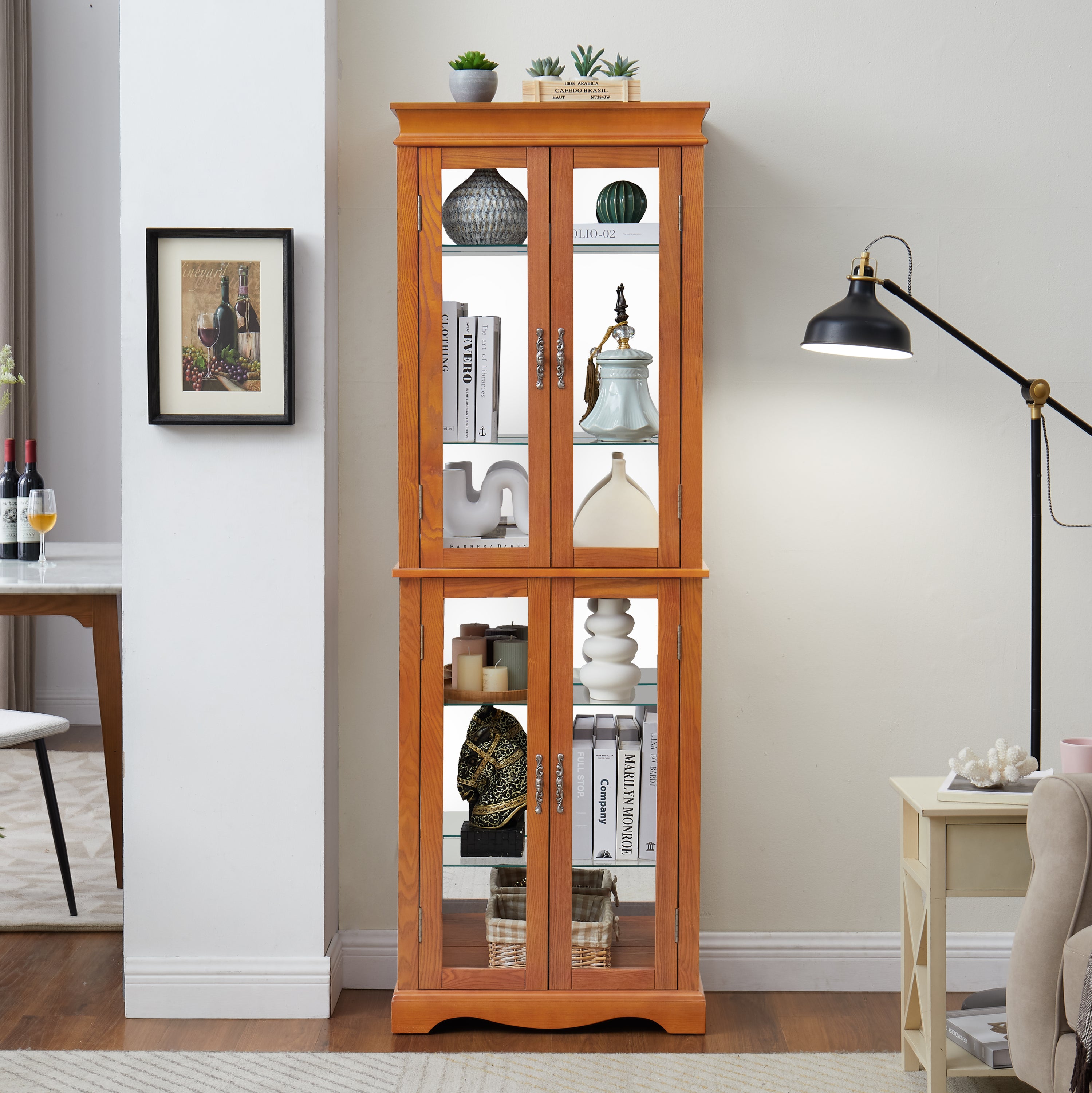 Lighted Glass Curio Display Cabinet,Display Cabinet,Glass Storage Cabinet Glass Wine cabinet Wood Frame Toy Display for Living Room, Kitchen, Pantry light bulb included OAK - Grand Goldman Shop