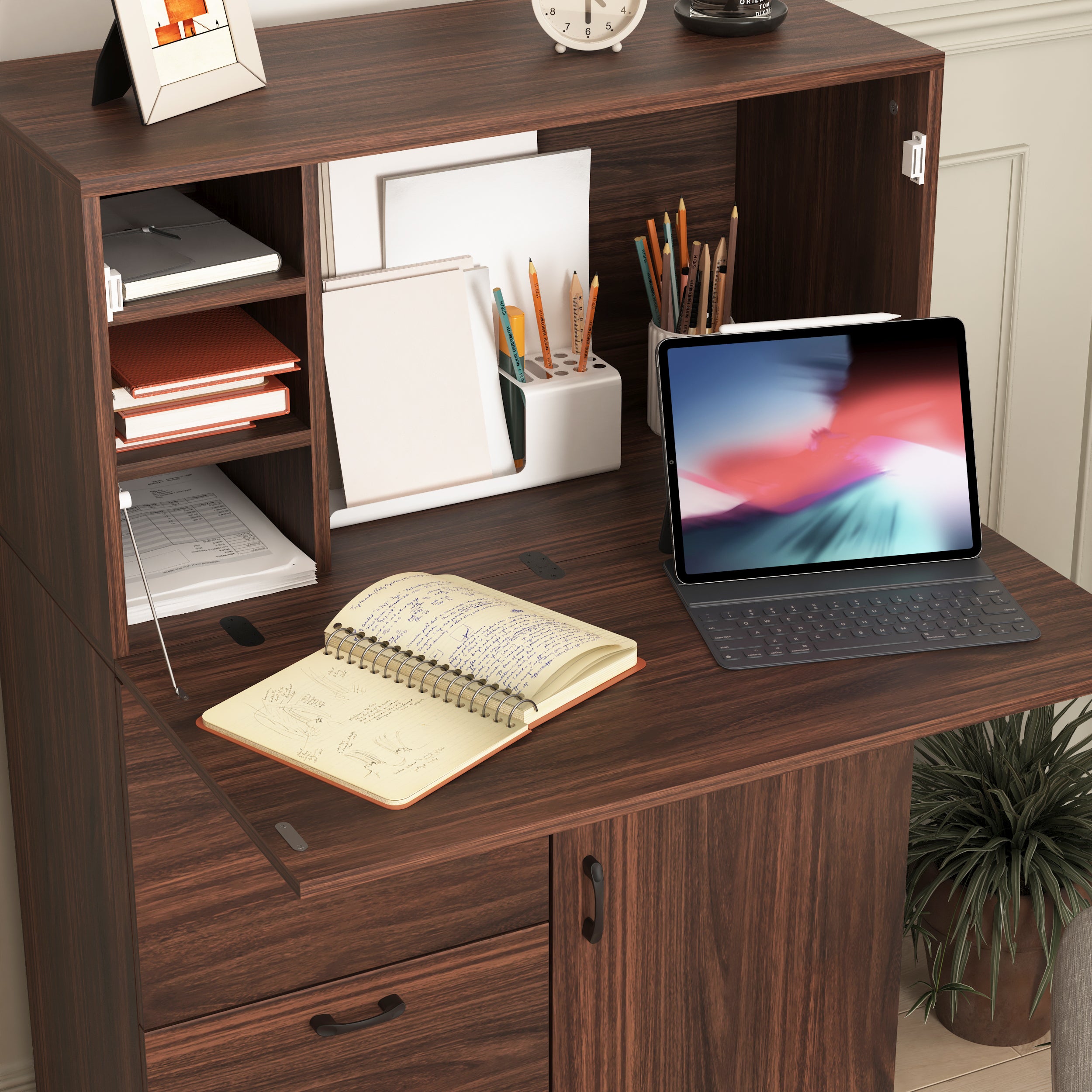 Desk Cabinet, with Storage Drawer & Shelves, Fold-up Desktop, Ideal for Home, Office, Kitchen storage organizer, Dormitory, Small Spaces W31.49'xD13.78'xH47.2' - Grand Goldman Shop