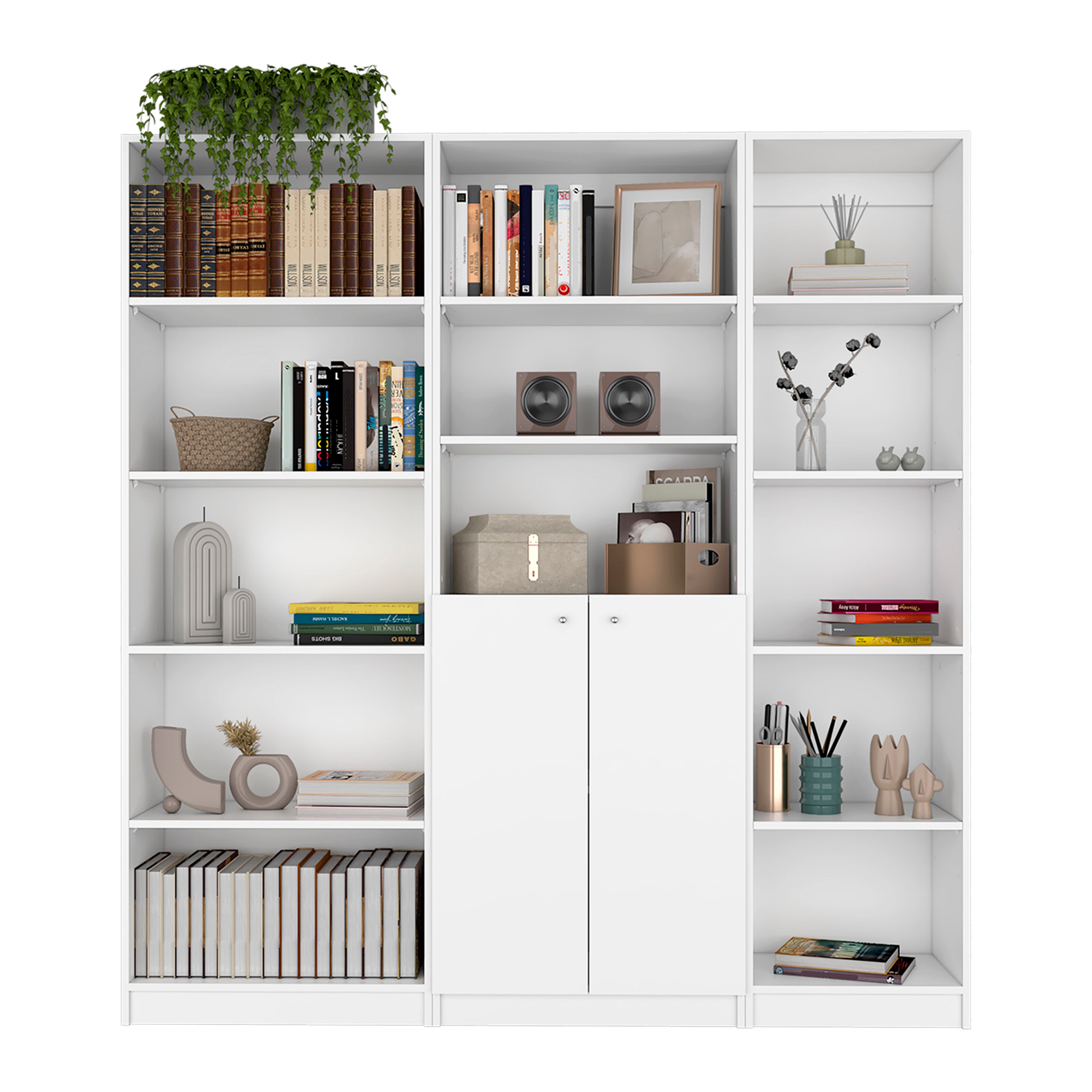Poston 3 Piece Home Bookcase set, 67' Wide with 13 Shelves and 2-door Cabinet ,  Living Room Set  White | Premium Home Decor 