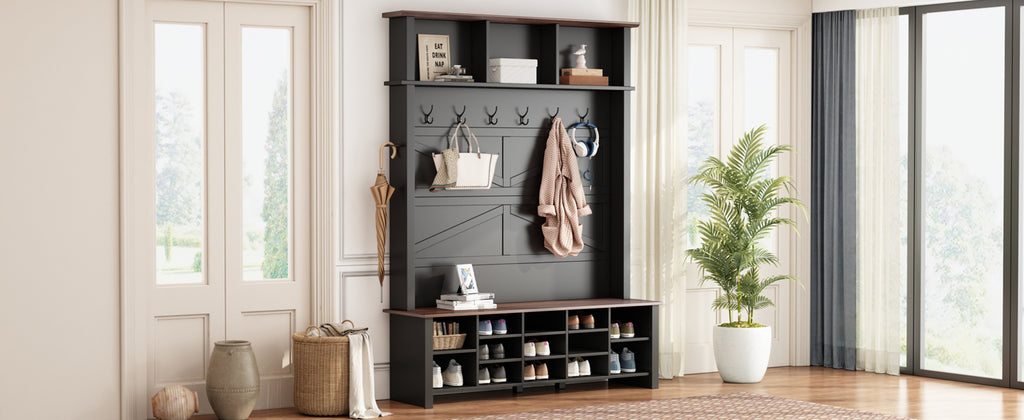 Farmhouse 4-in-1 Hall Tree with 6 Hooks, Practical Walnut Entryway Bench with Adjustable Shelves,  Wooden Shoe Organizer with 16 Compartments for Mudroom, Living Room, Black (OLD SKU: N721S000064B-1) - Grand Goldman Shop