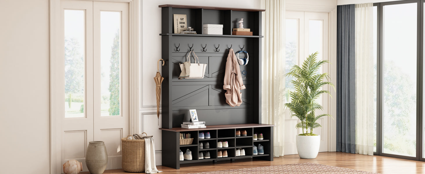 Farmhouse 4-in-1 Hall Tree with 6 Hooks, Practical Walnut Entryway Bench with Adjustable Shelves,  Wooden Shoe Organizer with 16 Compartments for Mudroom, Living Room, Black (OLD SKU: N721S000064B-1) - Grand Goldman Shop