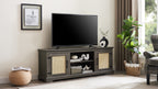 Farmhouse Rattan TV Stand Console Table for TVs up to 70 Inches, TV Console Table with 2 Storage Shelves, 2 Natural Rattan Door Cabinets, 65'W*15.55'D*23.86'H, Gray - Grand Goldman Shop