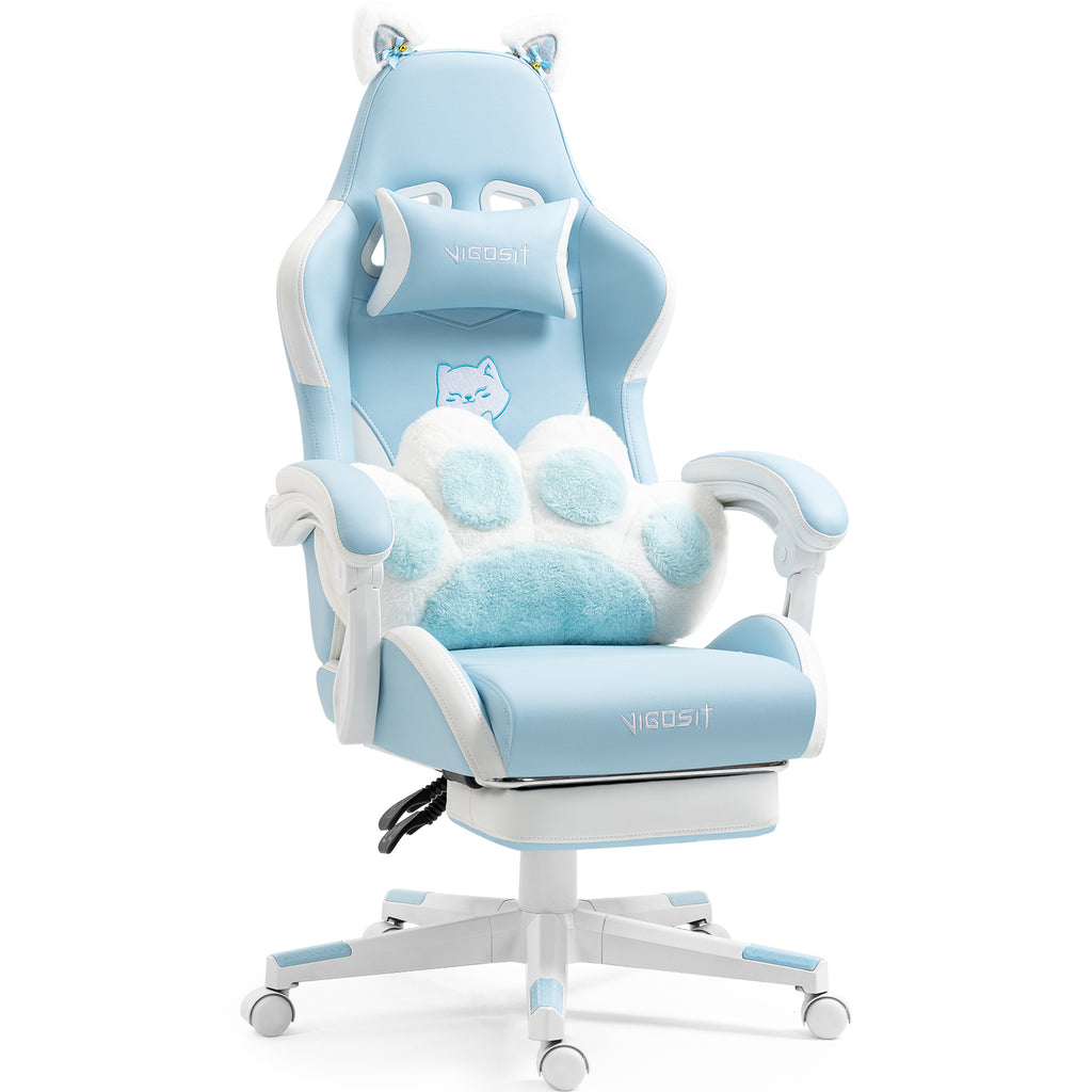 Cat Ears Gaming Chair - Ergonomic PU Leather Office Chair, Cute Chair with Footrest for Adult 310lbs Capacity, 90°-155° Recli