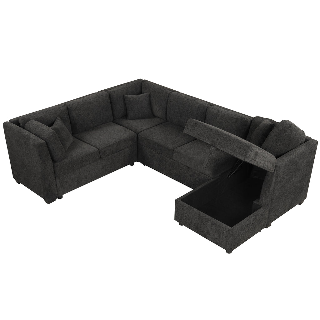 U-shaped Sectional Sofa Pull Out Bed with USB Ports, Power Sockets, Back Pillows & Storage Chaise, Black Chenille, 108.6' - Grand Goldman Shop