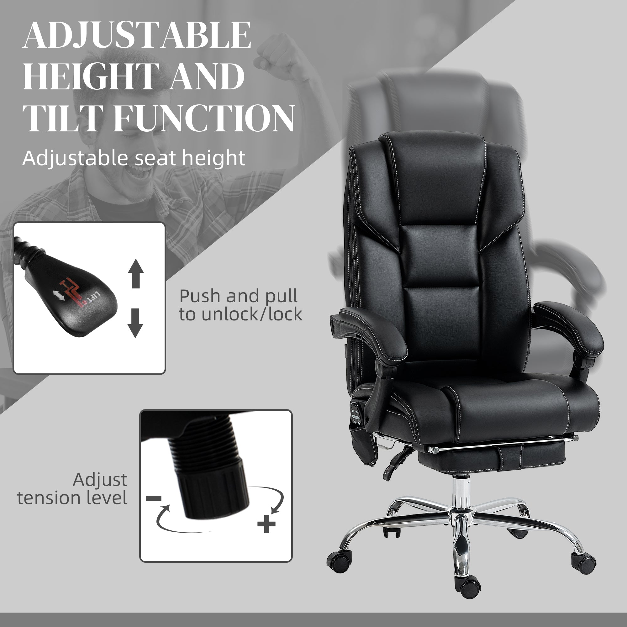 Vinsetto Massage Office Chair with 6 Vibration Points, Lumbar Heated PU Leather Reclining Computer Chair with Adjustable Heig